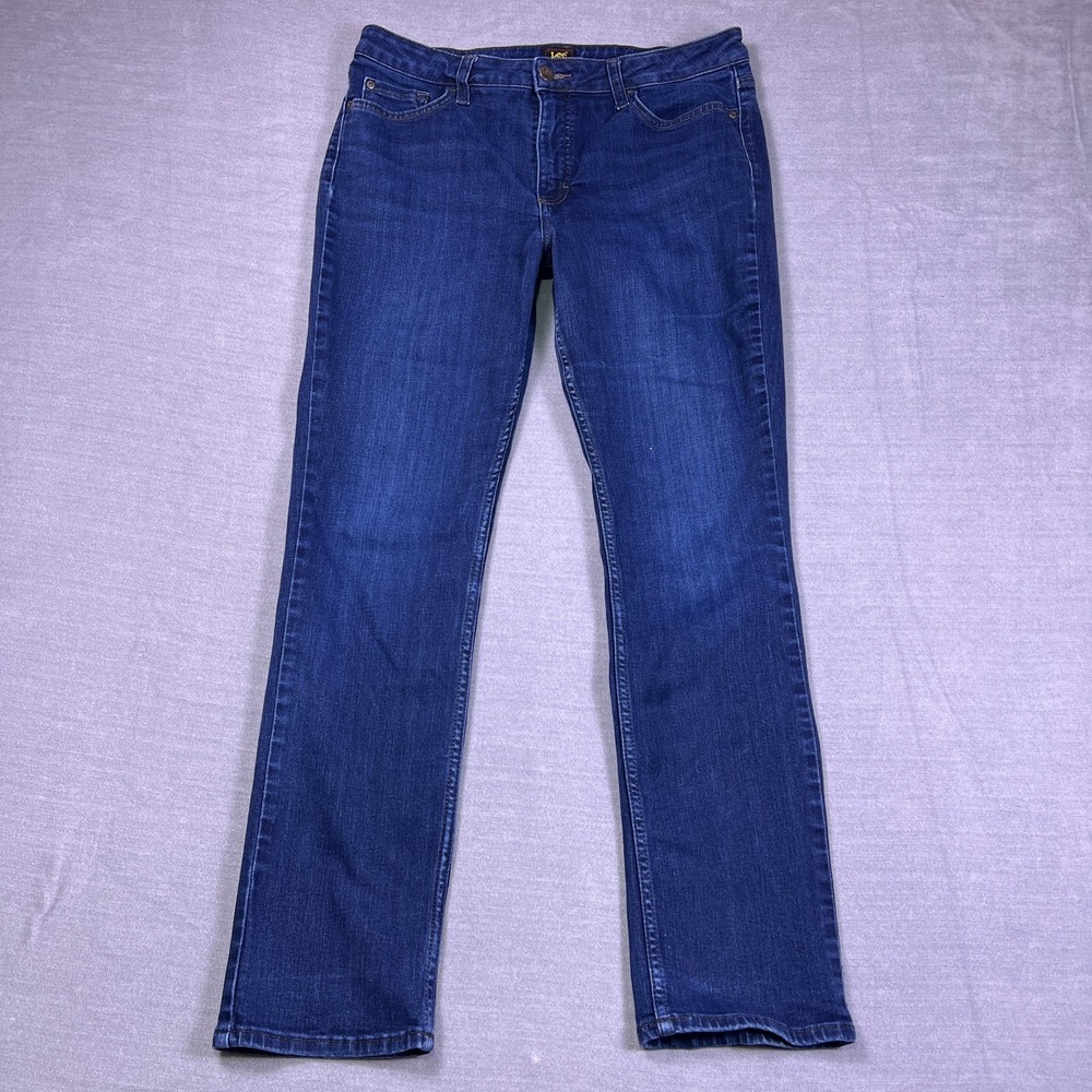 Lee Women's Blue Mid Rise Stretch Denim Preppy Smarter Fit Straight Jeans Sz 33